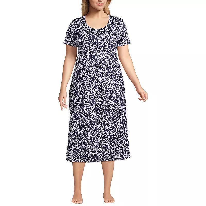 Plus Size Lands End Short Sleeve Midcalf Nightgown, Womens Deep Blue Product Image