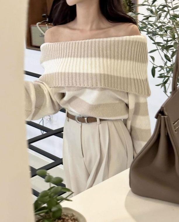 Long Sleeve Off-Shoulder Striped Loose-Fit Knit Top Product Image