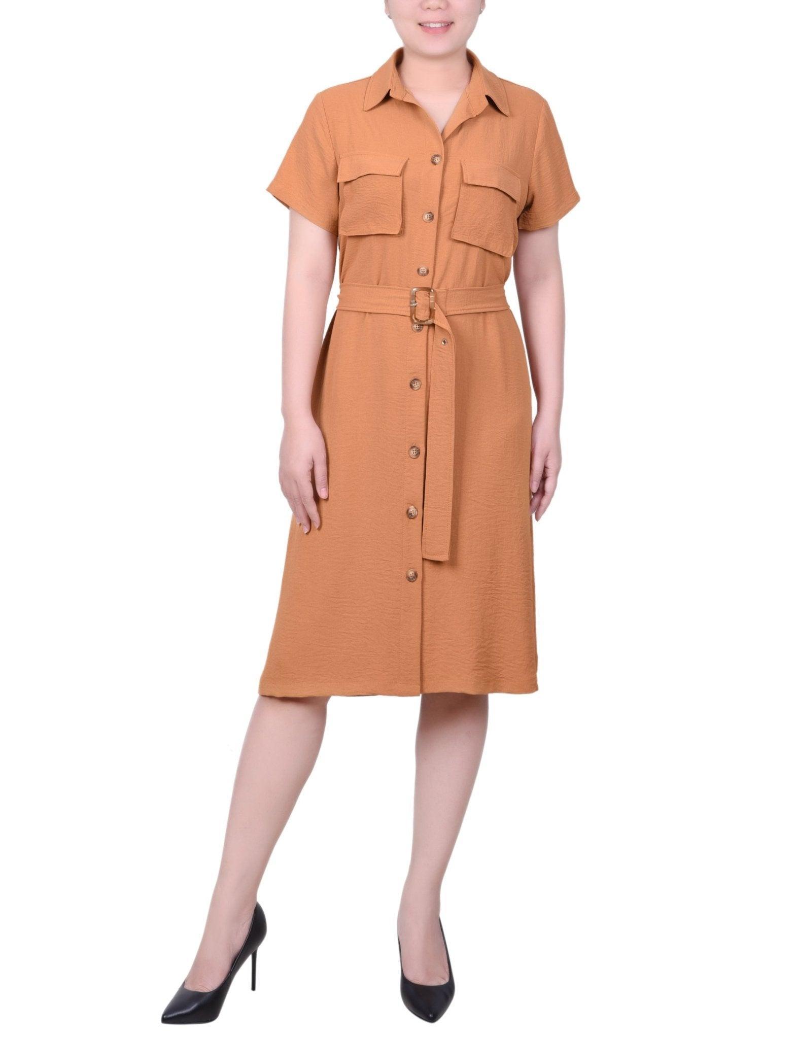 Short Sleeve Belted Shirtdress - Petite Product Image