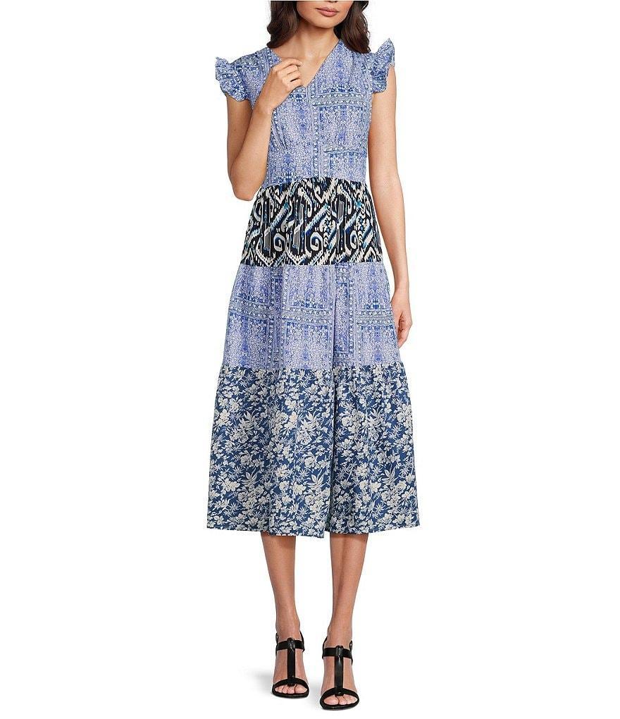 Calessa Patchwork Print V-Neck Cap Sleeve Midi Dress Product Image