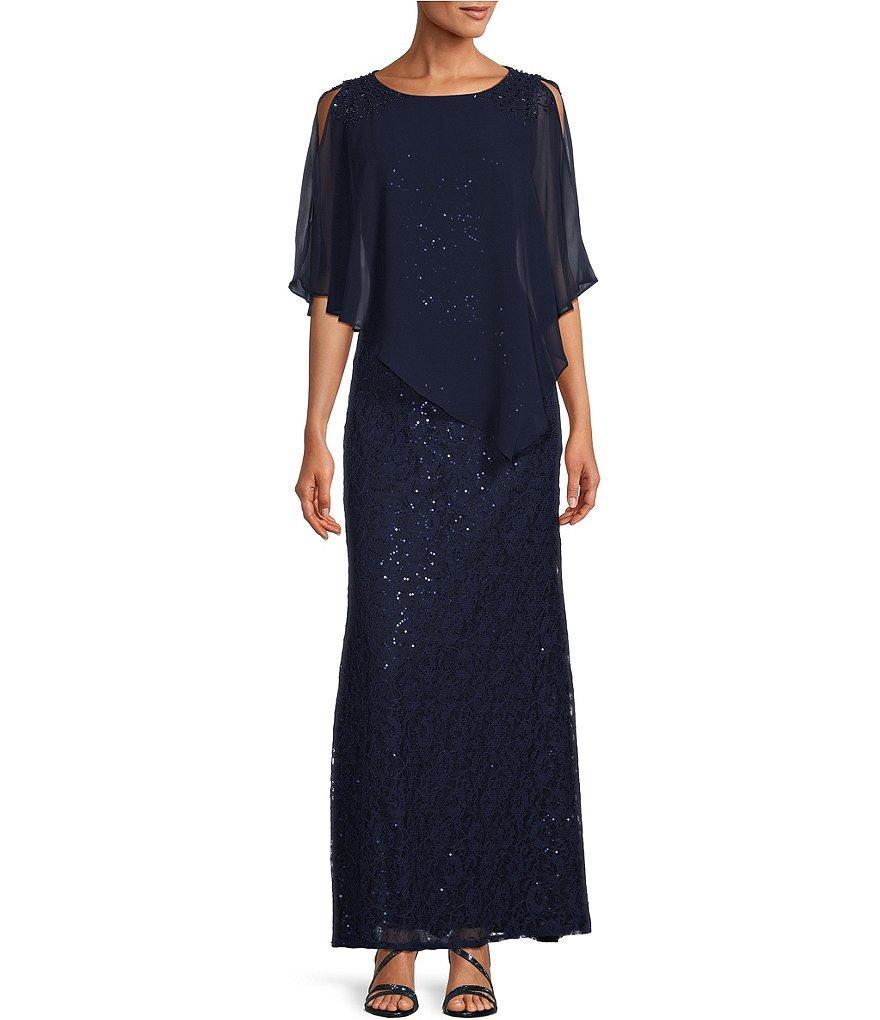 Ignite Evenings Short Sleeve Round Neck Beaded Sequin Floral Lace Capelet Gown Product Image