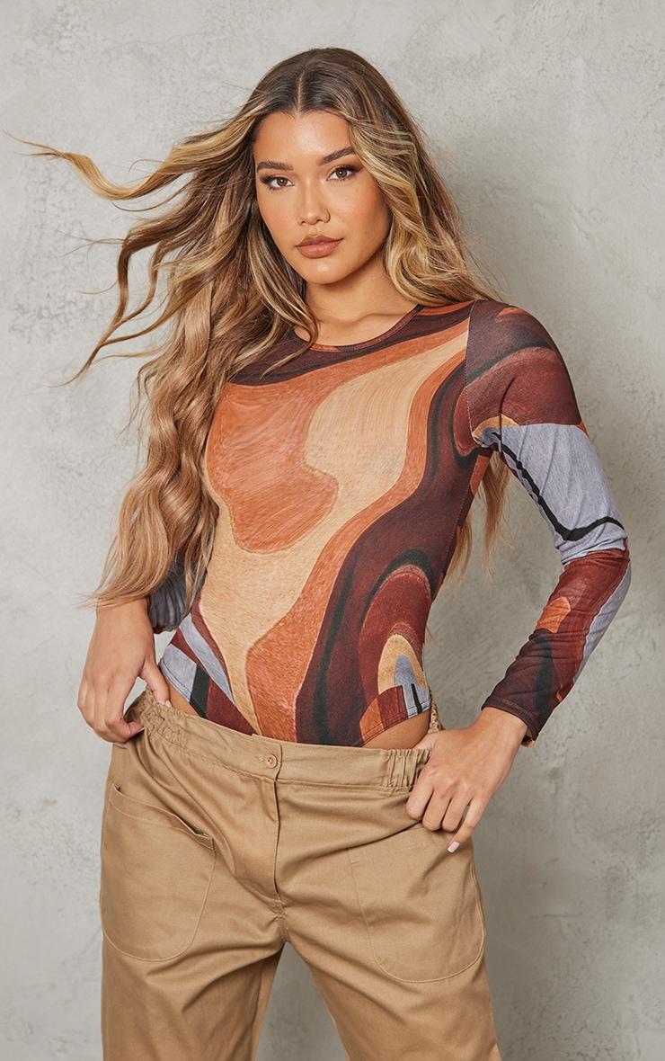 Brown Print Basic Crew Neck Long Sleeve Bodysuit Product Image