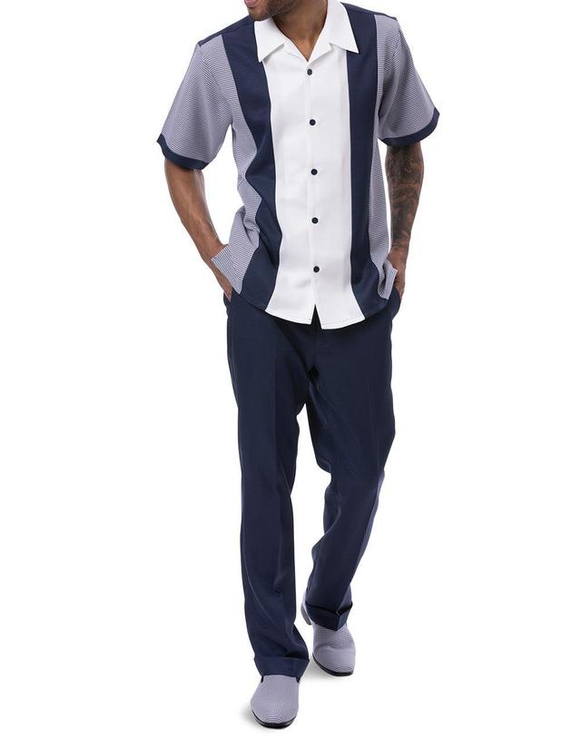 Navy Vertical Color Design Walking Suit 2 Piece Short Sleeve Set Product Image