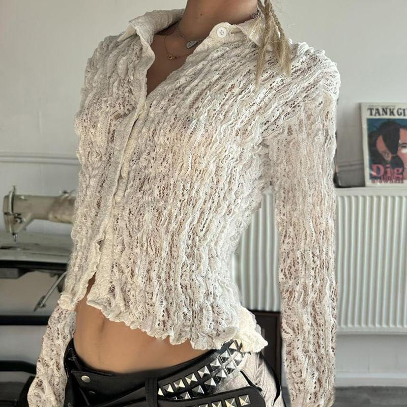 Long-Sleeve Lace Crop Shirt Product Image