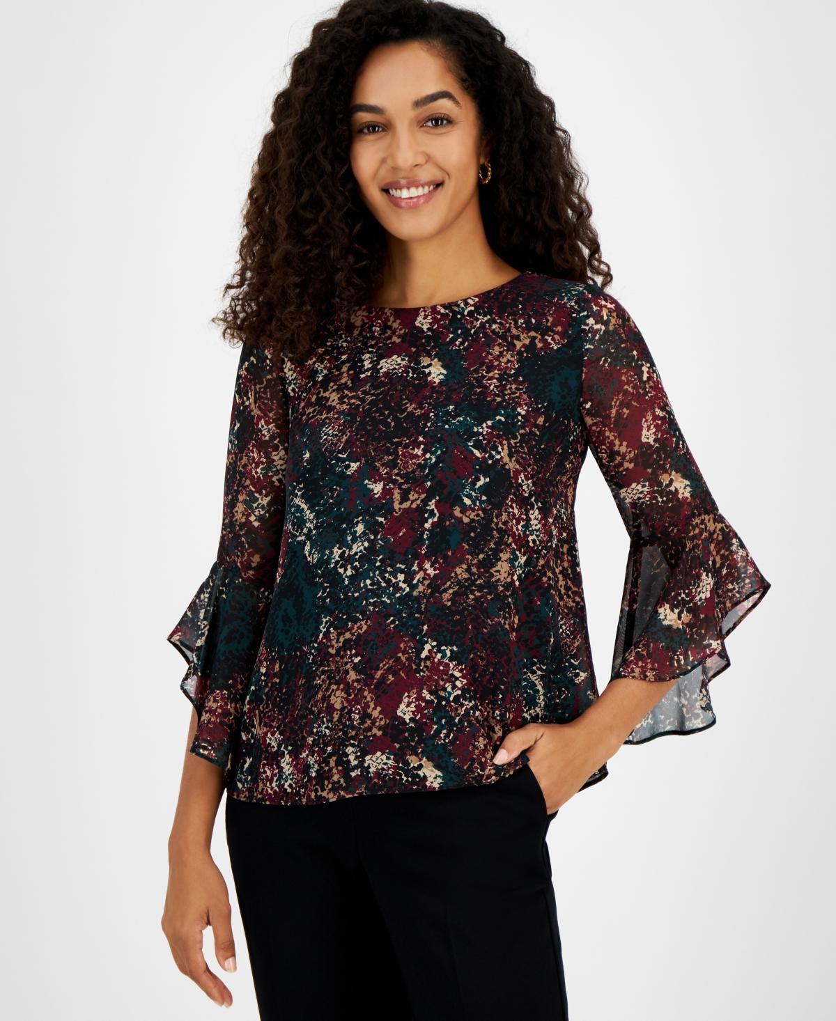 Kasper Womens Floral-Print Bell-Sleeve Ruffle Blouse Product Image