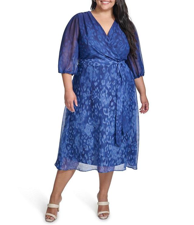 DKNY Plus Size Long Sleeve V-Neck Tie Waist Printed Midi Dress Product Image