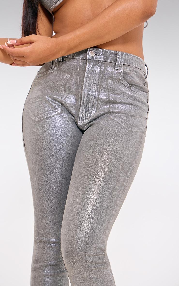 Silver Metallic Foil Effect Flared Jeans Product Image