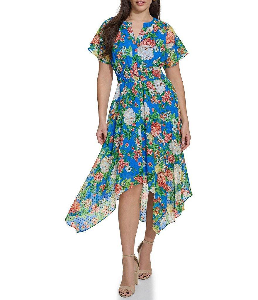 Kensie Floral V Neckline Short Sleeve Smocked Waist Asymmetrical Hem Midi Dress Product Image