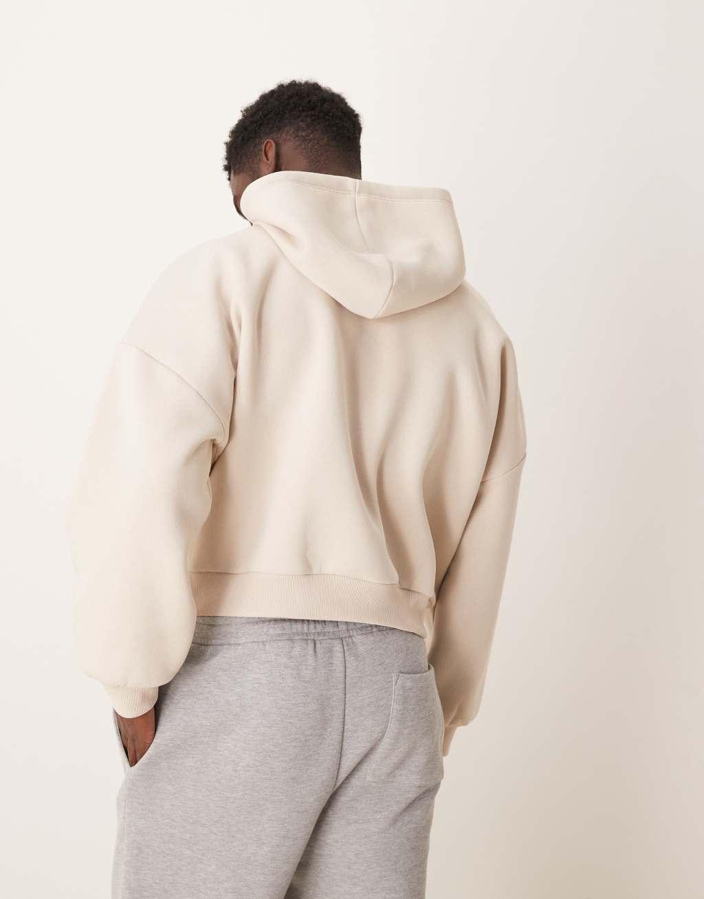 ASOS DESIGN oversized dropped shoulder cropped hoodie with collegiate chest print in oatmeal heather Product Image