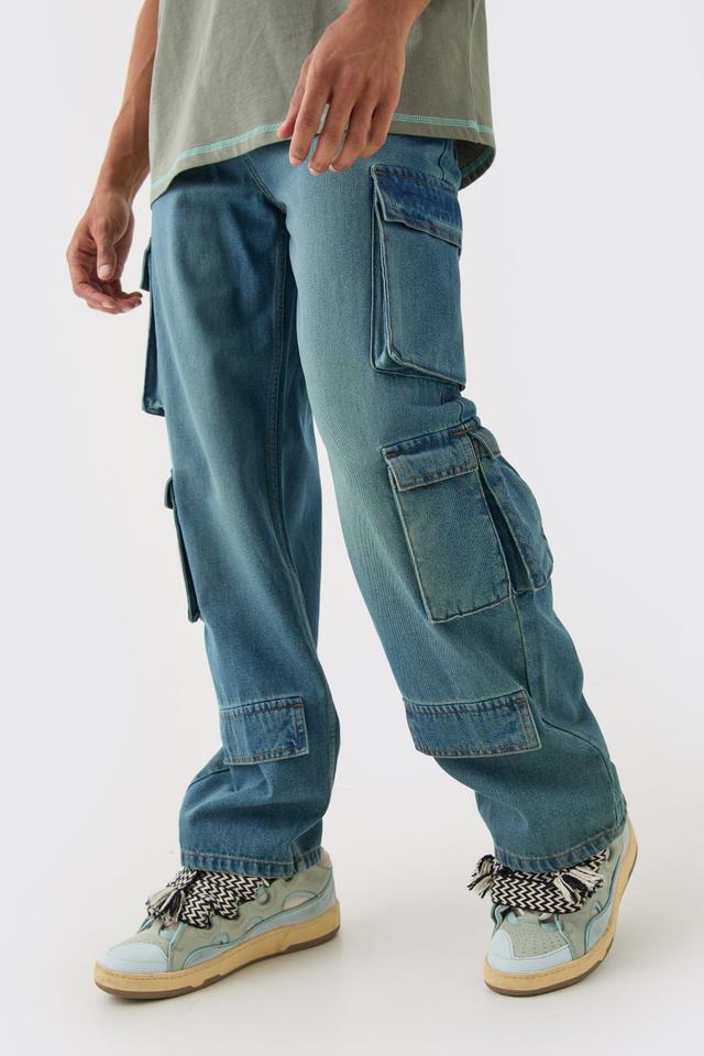 Baggy Rigid Multi Cargo Pocket Jeans In Blue | boohooMAN USA Product Image