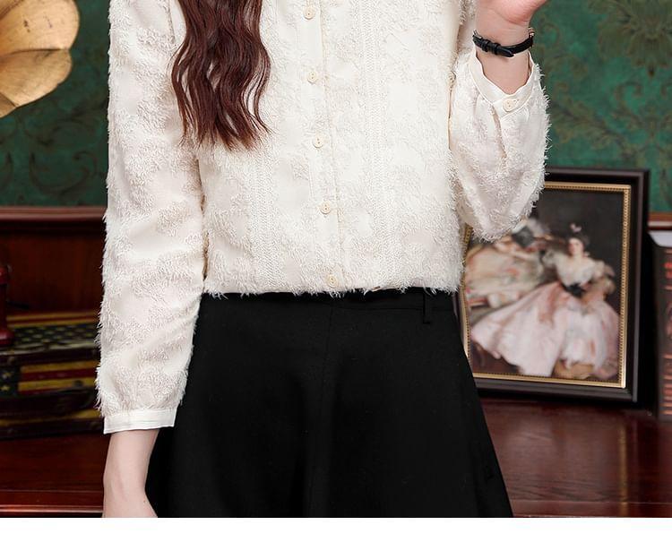 Long-Sleeve Stand Collar Plain Fringed Button-Up Blouse Product Image