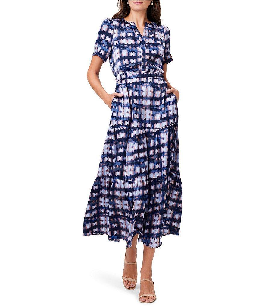 NIC + ZOE Shibori Glow Daydream Woven Abstract Print Split V-Neck Short Flutter Sleeve Tiered A-Line Maxi Dress Product Image