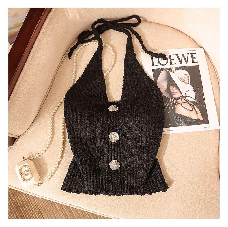 Halter V-Neck Plain Button Knitted Crop Camisole Top Product Image