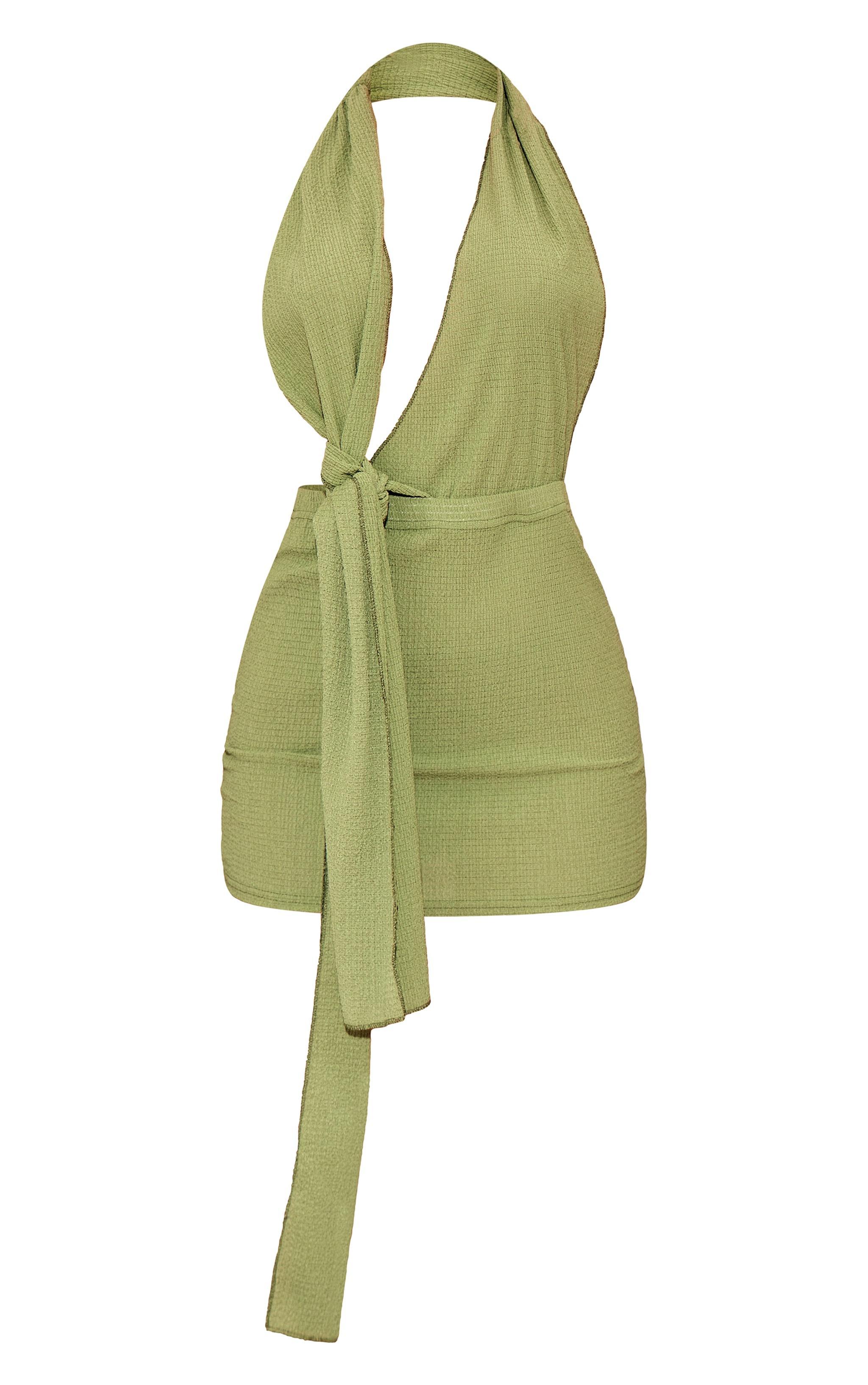 Khaki Textured Halterneck Knot Mini Dress Product Image