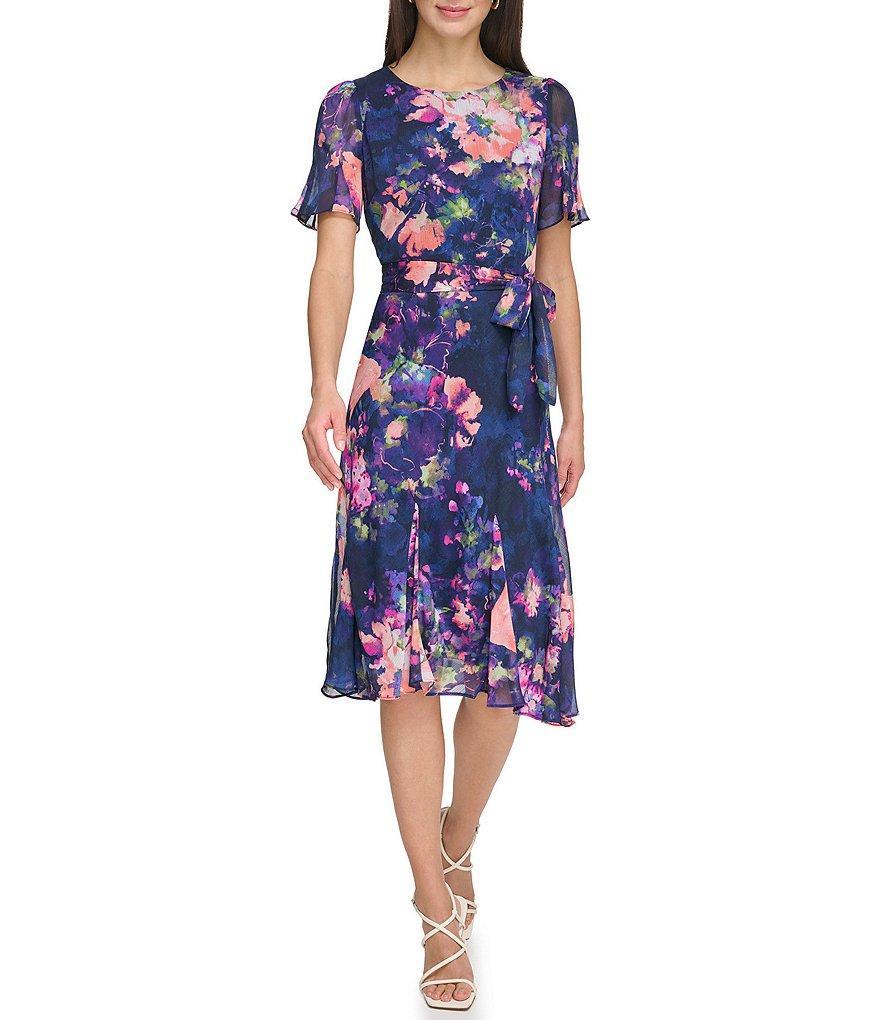 DKNY Floral Chiffon Round Neck Short Sleeve Belted Midi Dress Product Image