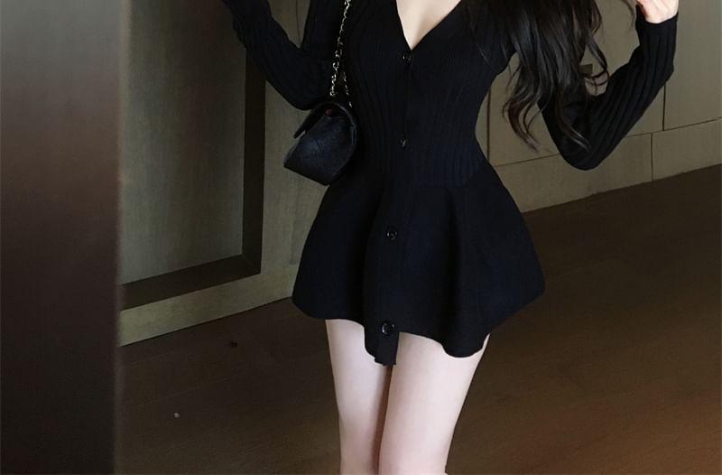 Long-Sleeve V-Neck Plain Button Mini A-Line Knit Dress Product Image