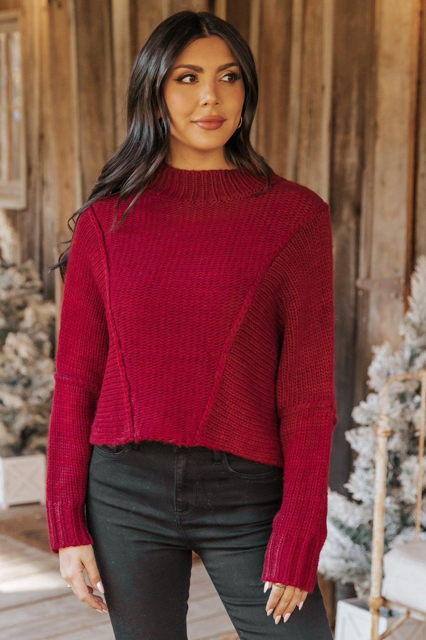 Seam Detail Mock Neck Sweater - Wine Product Image