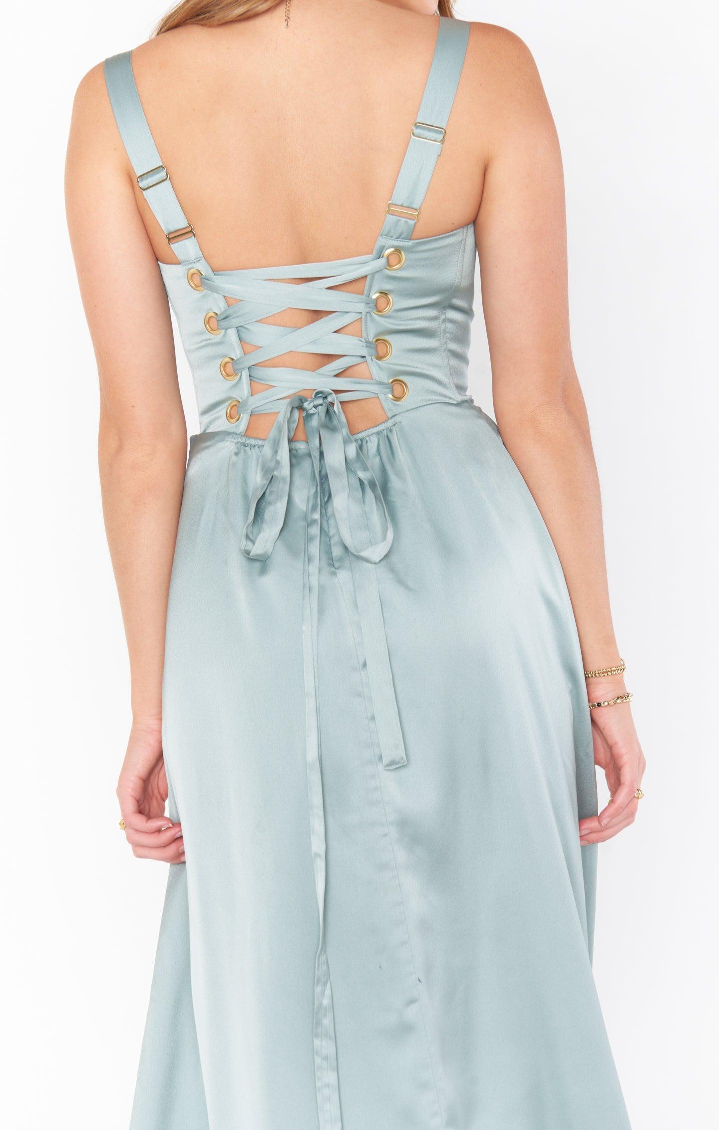 Clarissa Corset Dress ~ Silver Sage Luxe Satin Product Image