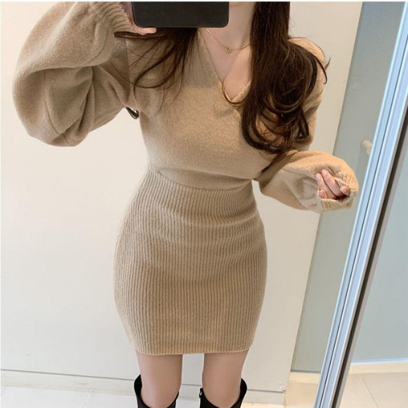 Long Sleeve V-Neck Plain Ribbed Knit Bodycon Mini Dress Product Image