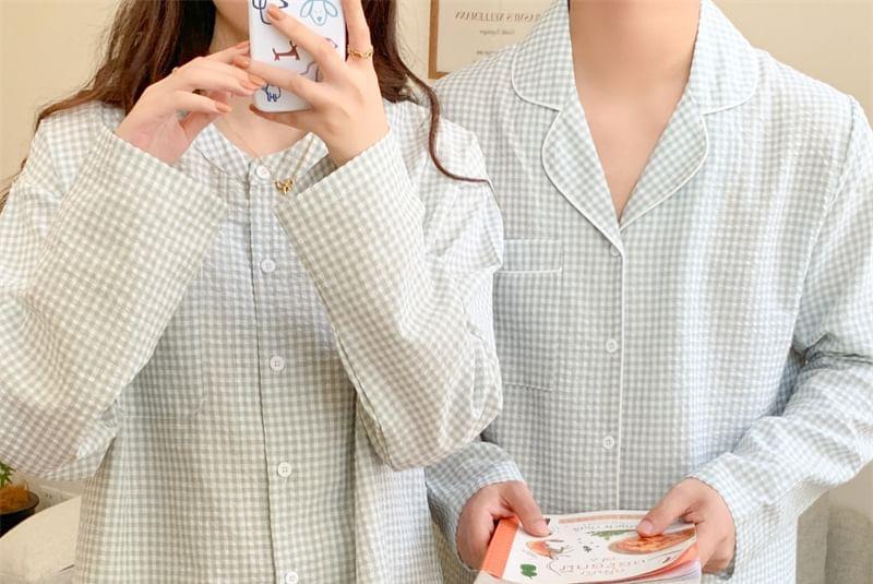 Couple Matching Pajama Set:  Long-Sleeve Plaid Button Top + Pants (Various Designs) Product Image