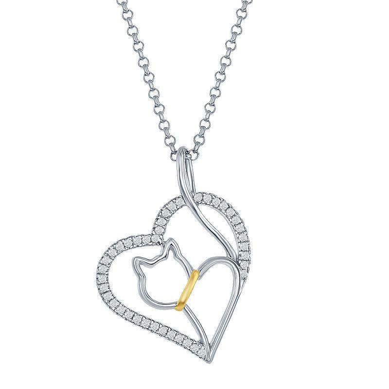 Sterling Silver Cubic Zirconia Openwork Cat Heart Pendant, Womens Product Image