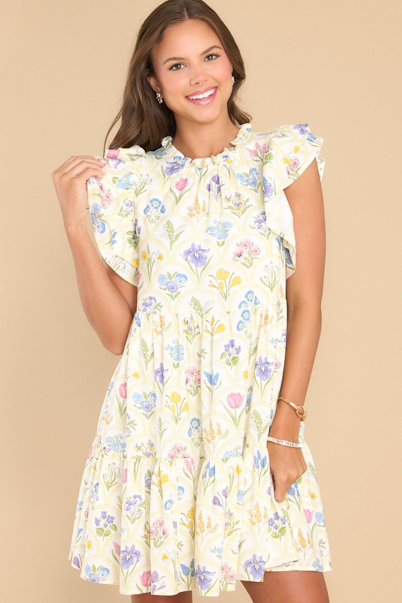 Aura Dramatic Poise Ivory Floral Print Dress Product Image