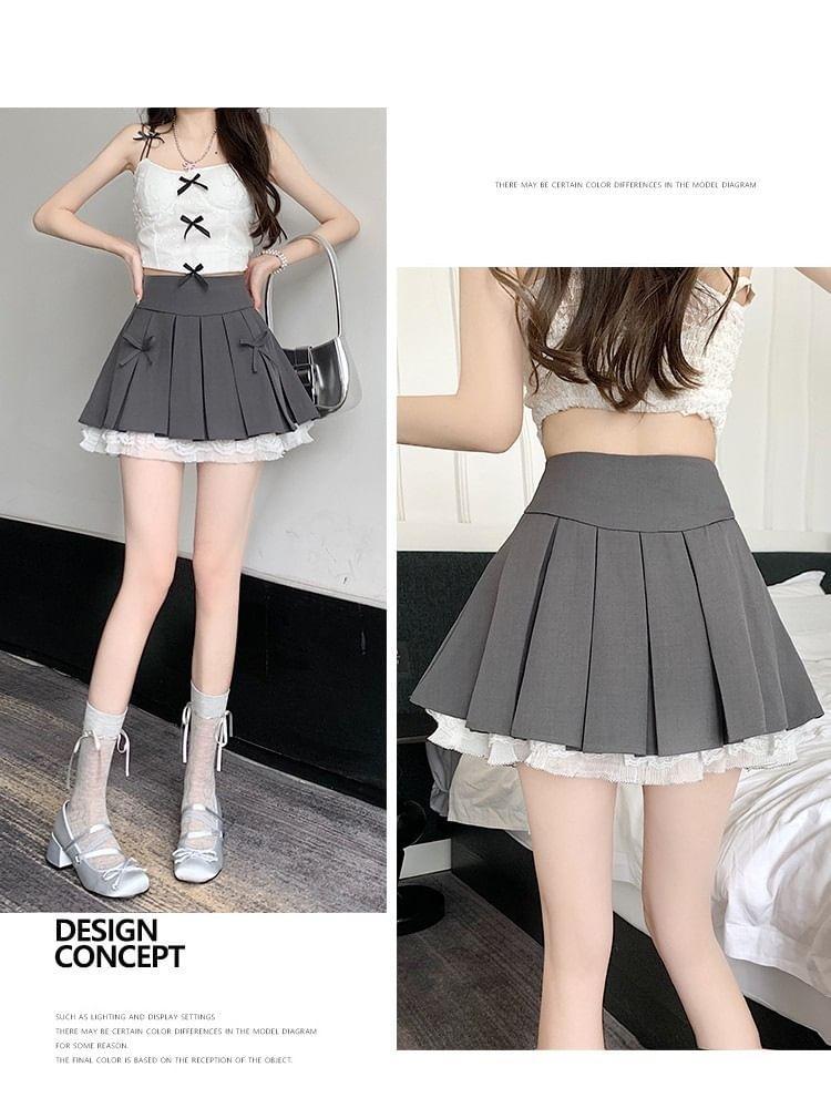 High Waist Lace Ruffle Bow Pleated Mini A-Line Skirt Product Image