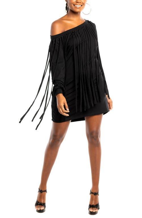 Dai Moda One-Shoulder Long Sleeve Fringe Minidress Product Image