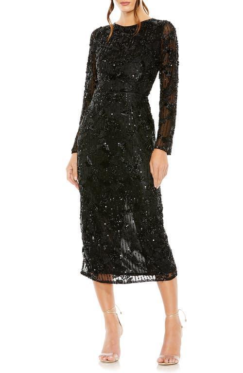 Mac Duggal Sequin Beaded Long Sleeve Cocktail Midi Dress Product Image