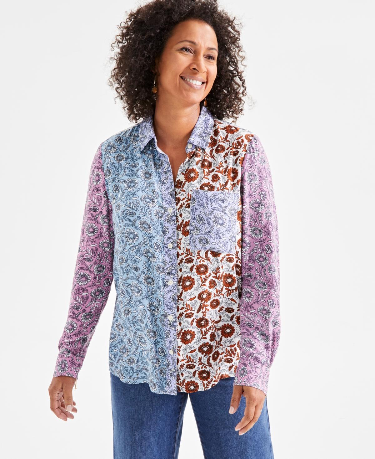 Style & Co Womens Patchwork-Print Perfect Shirt, Created for Macys Product Image