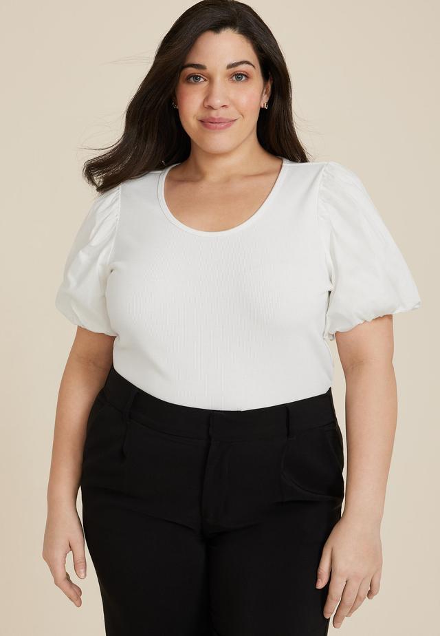 Maurices 2X Plus Size Womens Poplin Puff Sleeve Blouse White Product Image