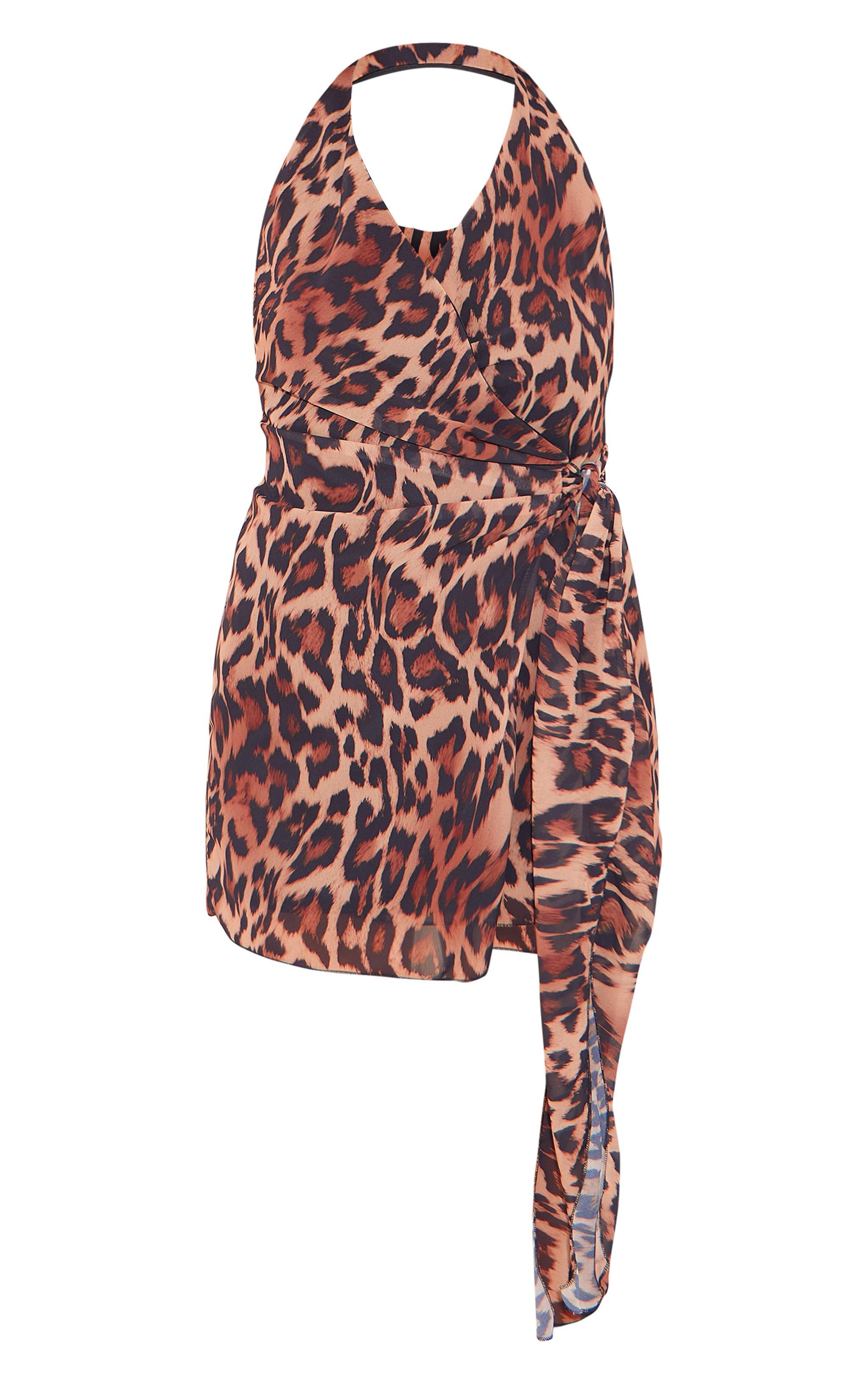 Leopard Mesh Wrap Halterneck Mini Dress Product Image