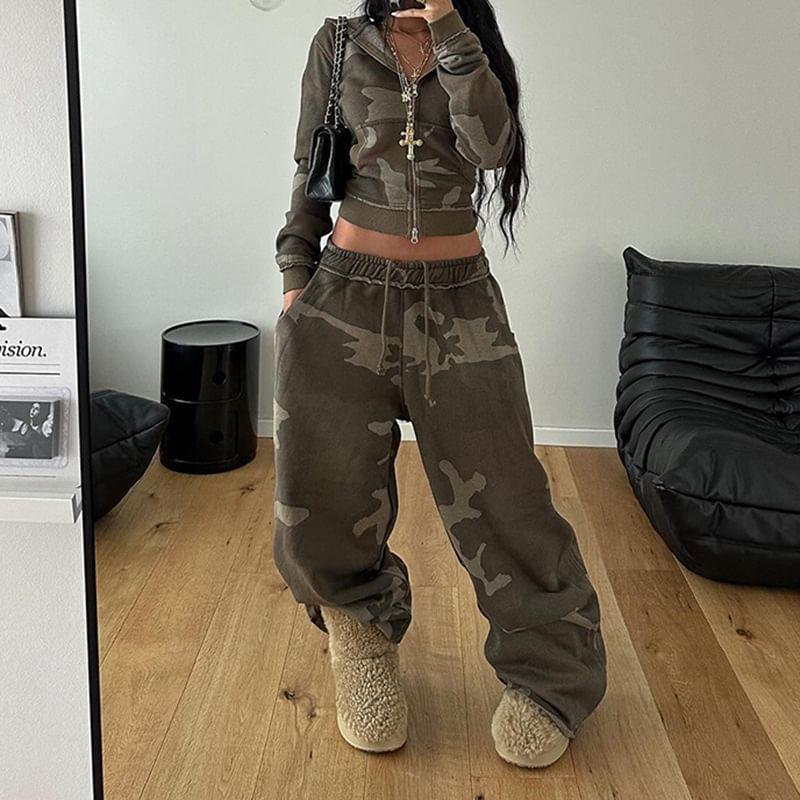 Drawstring Waist Camo Print Wide Leg Pants / Zip Hoodie Product Image