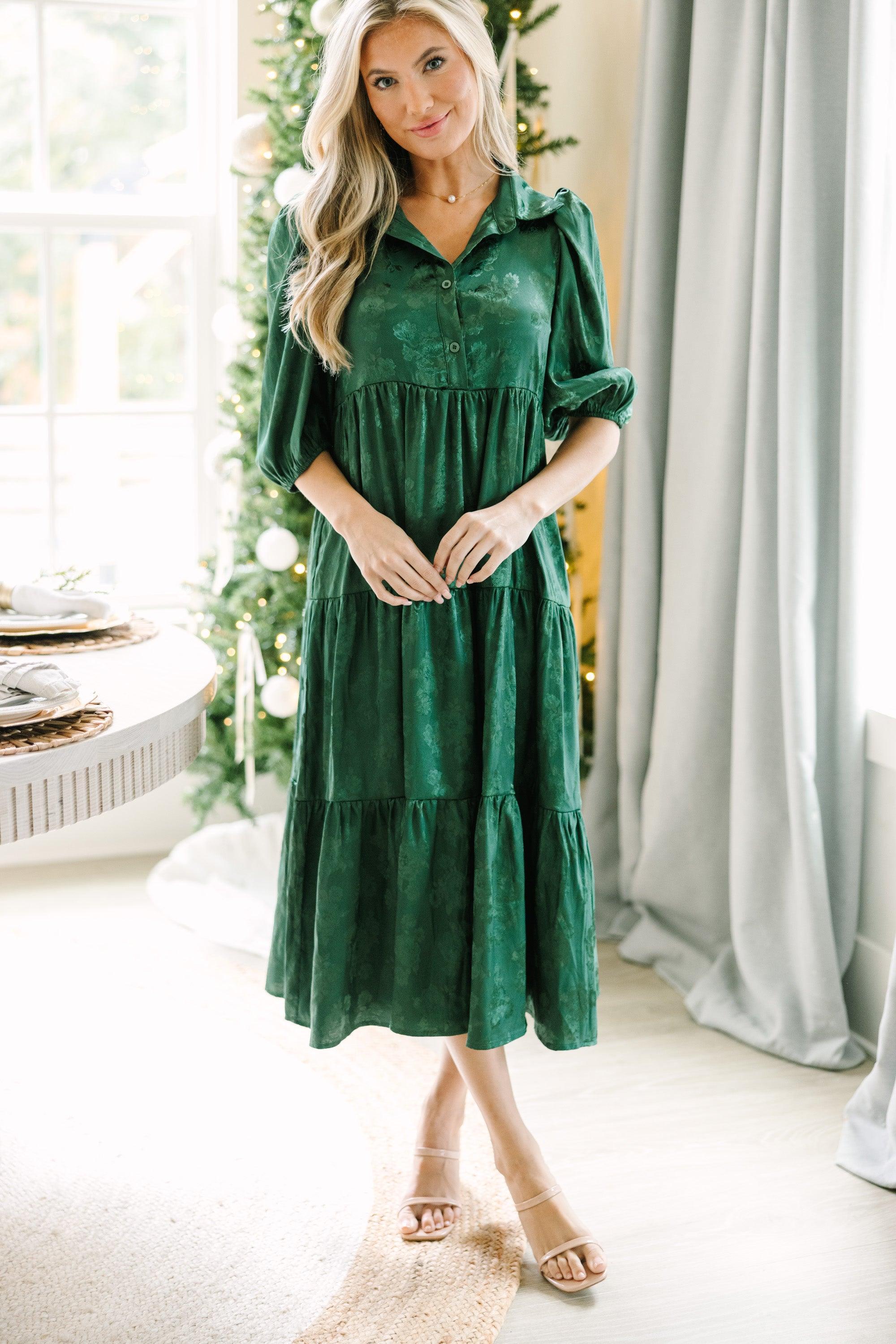 All The Love Emerald Green Floral Satin Midi Dress Female Product Image