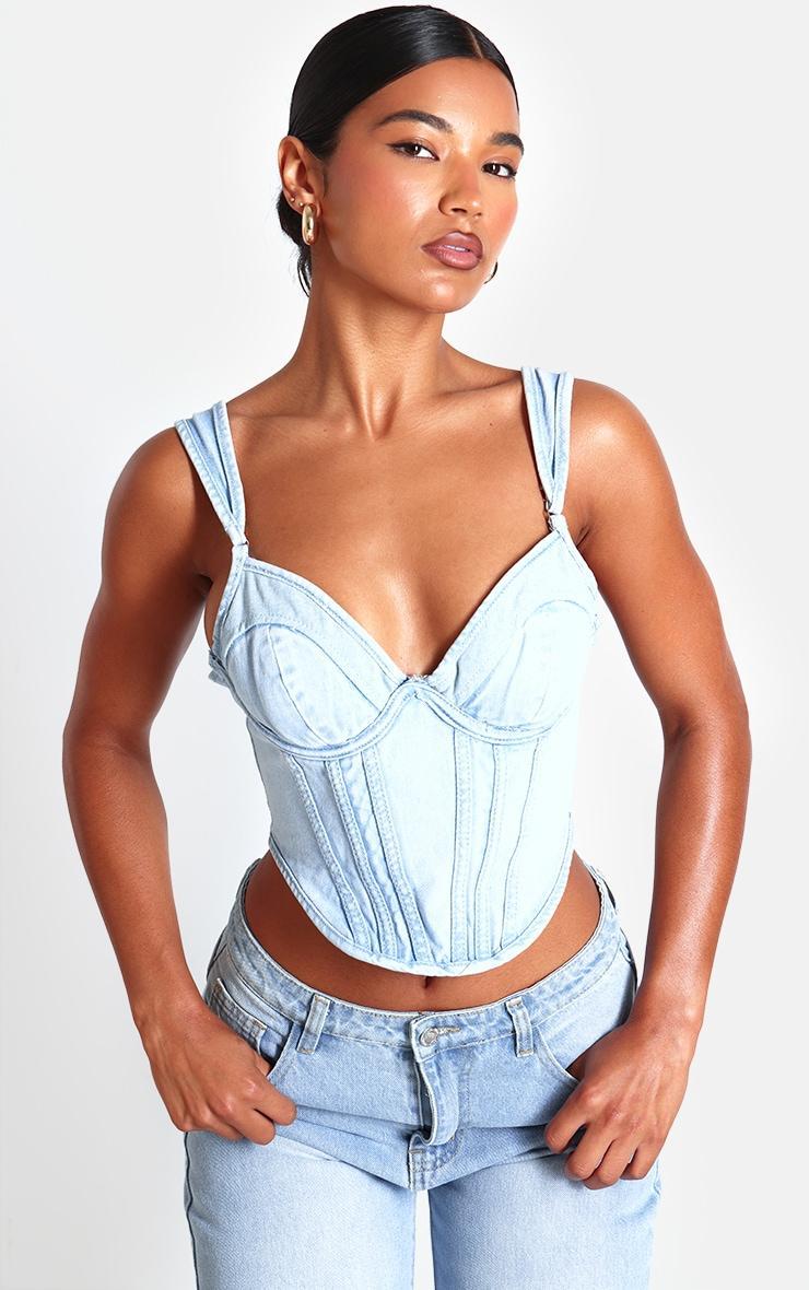 Light Blue Wash Dip Hem Bust Cup Denim Corset Product Image