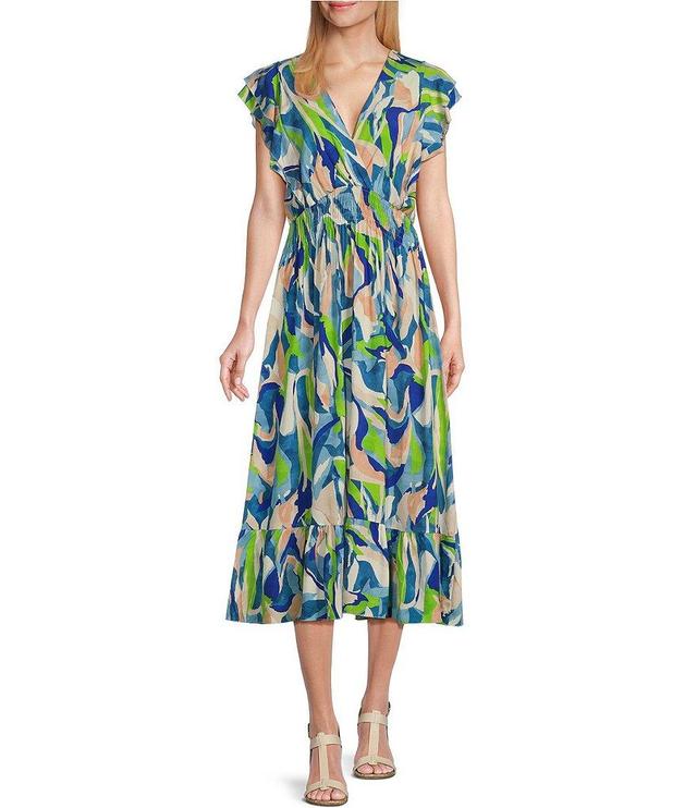 M Made In Italy Printed V-Neck Flutter Cap Sleeve Smocked Waist A-Line Midi Dress Product Image