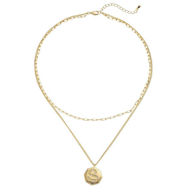 City Luxe Gold Tone Layered Initial Disc Necklace with Cubic Zirconia, Womens Gold Tone S Product Image