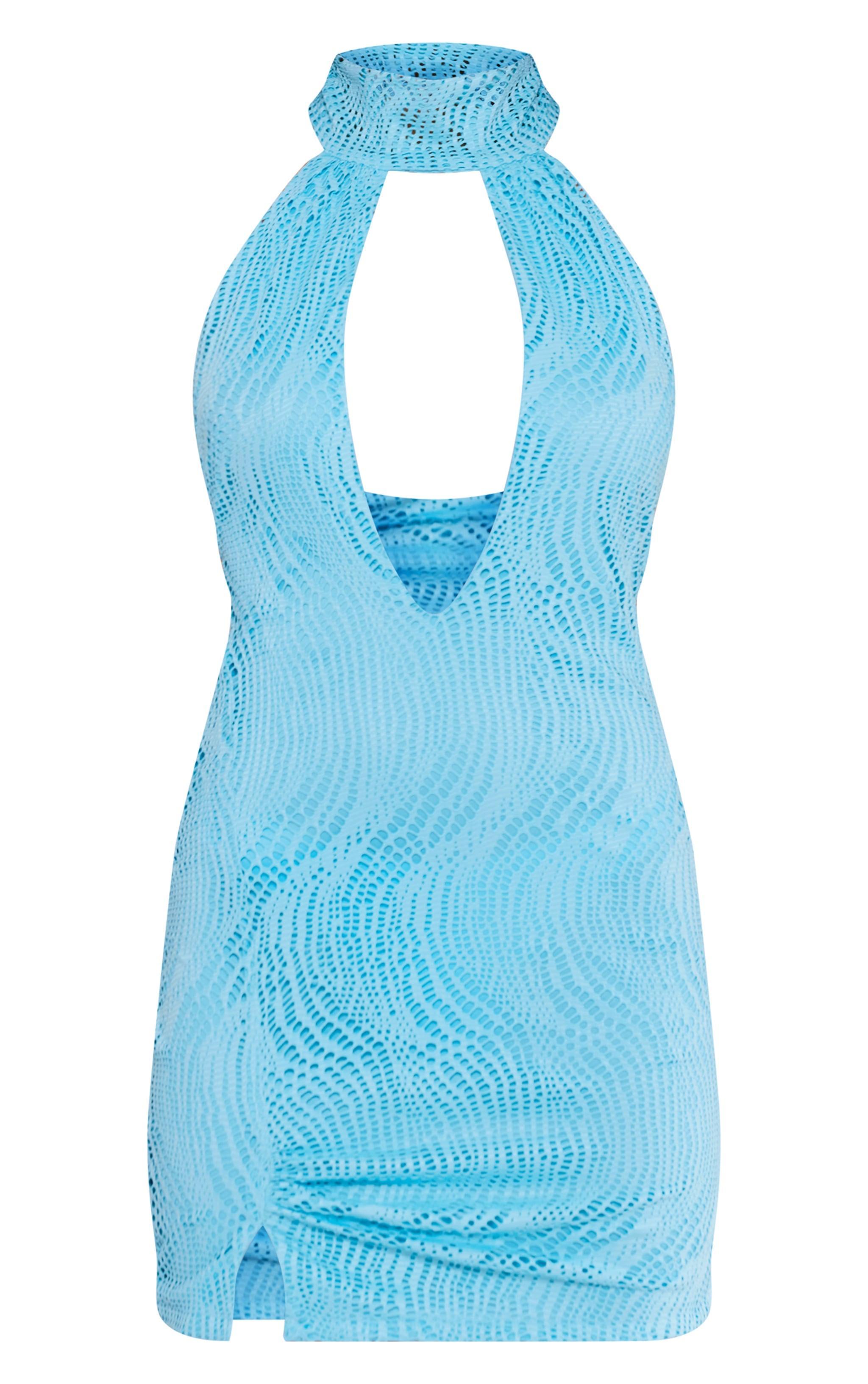 Bright Blue Crochet High Neck Halterneck Mini Dress Product Image