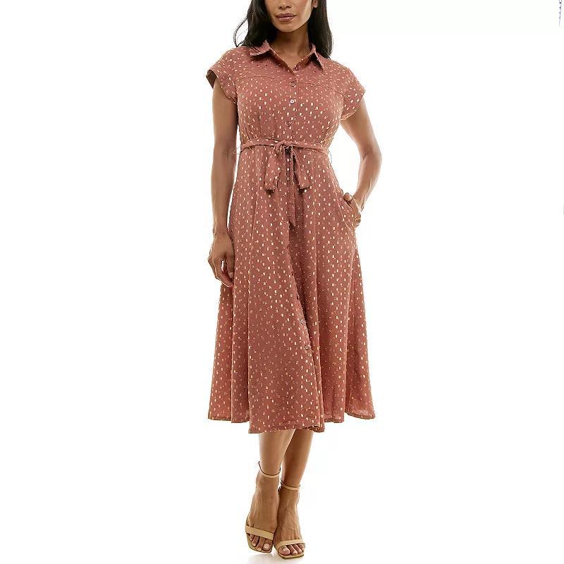 Womens Nina Leonard Button-Front Shirt Dress Pink Gold Product Image