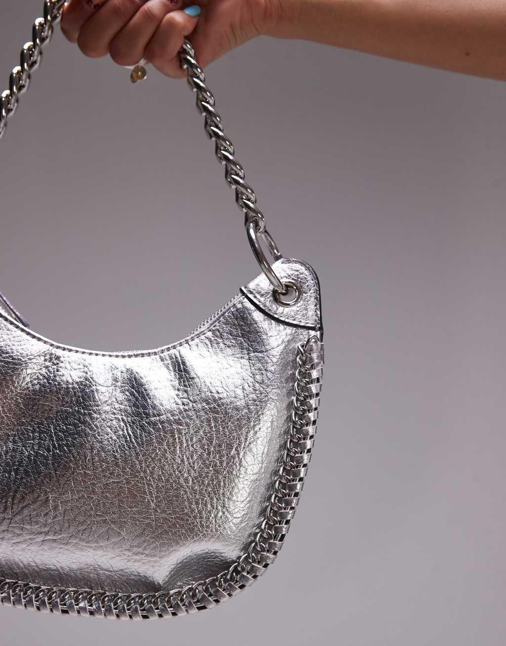 Topshop Sohara scoop shoulder bag with chain detail in silver Product Image