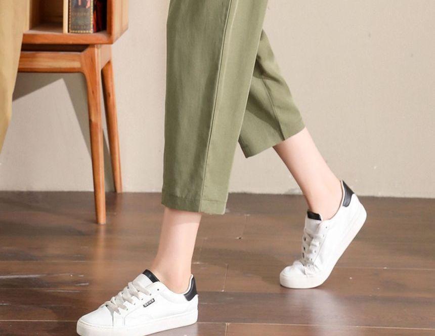 Elastic High Waist Plain Button-Fly Crop Tapered Pants Product Image