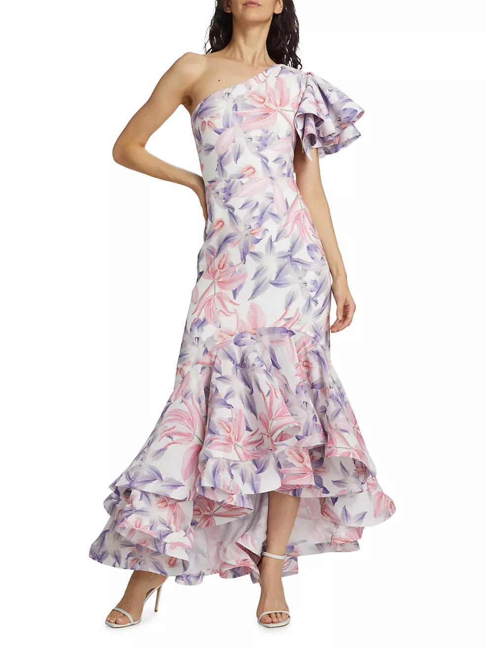 Corocora Ruffled Floral One-Shoulder Maxi Dress Product Image