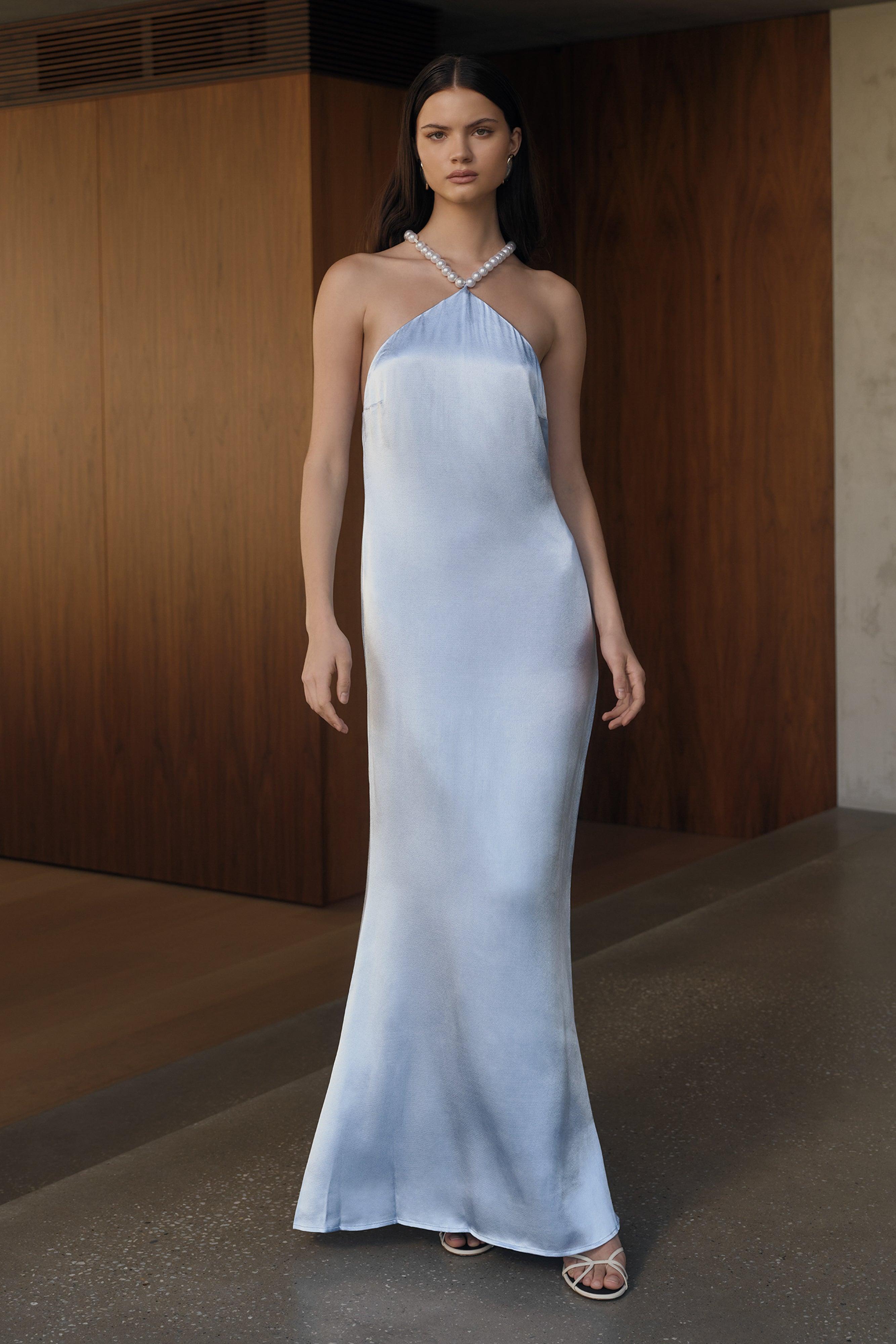 Blanche Satin Pearl Halter Maxi Dress - Cornflower Blue Product Image