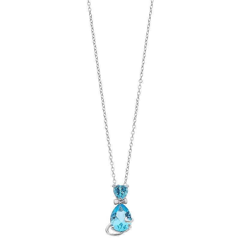 Sterling Silver Blue Topaz & White Topaz Cat Pendant Necklace, Womens Product Image