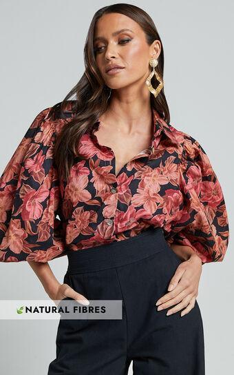 Amalie The Label - Janae Linen Blend Collared Puff Sleeve Button Up Shirt in Atalie Print Product Image