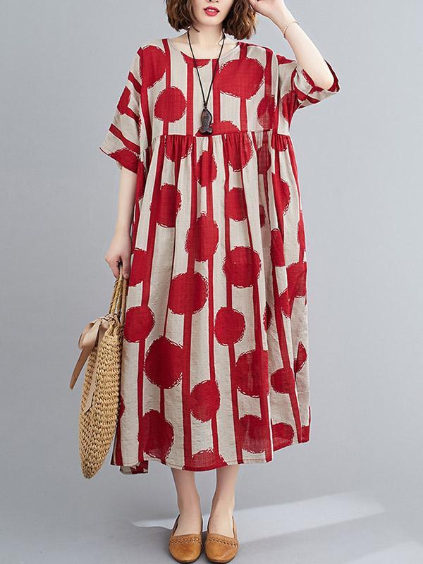 Original Polka-Dot Split-Joint Round-Neck Midi Dress Product Image