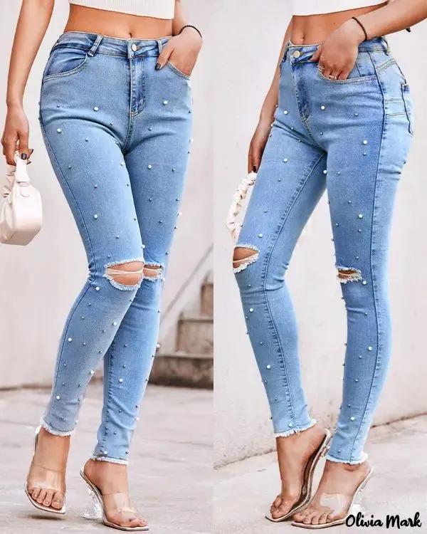 Olivia Mark – High-waisted cut-out jeans with pearl decoration Product Image