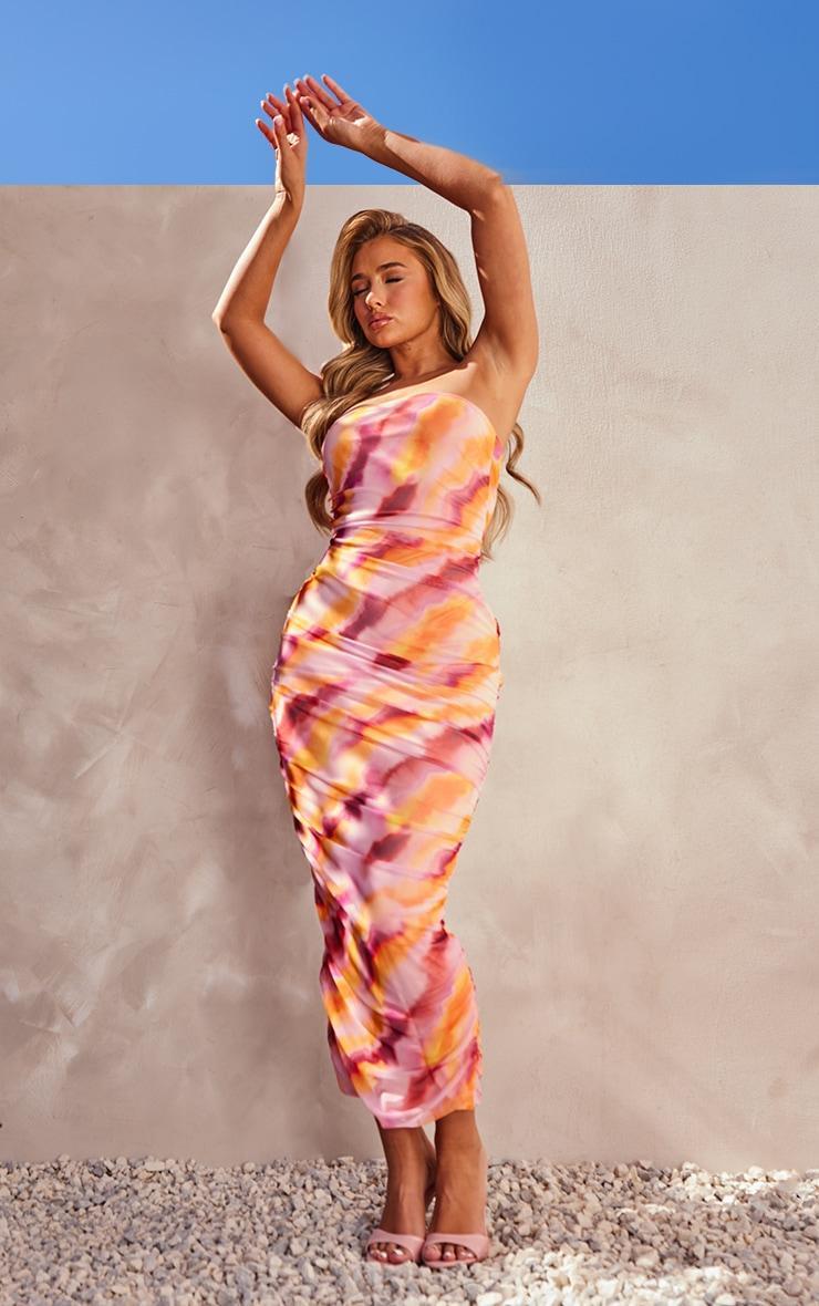 Pink Abstract Print Mesh Bandeau Ruched Maxi Dress Product Image