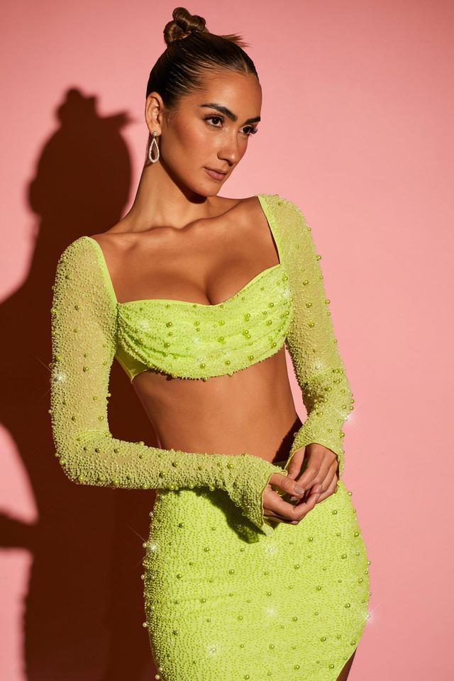 Embellished Cowl Neck Crop Top in Lime Product Image