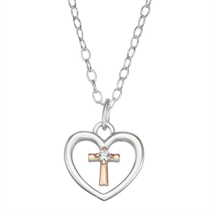 Charming Girl Two-Tone Sterling Silver Heart & Cross Pendant Necklace, Womens Product Image